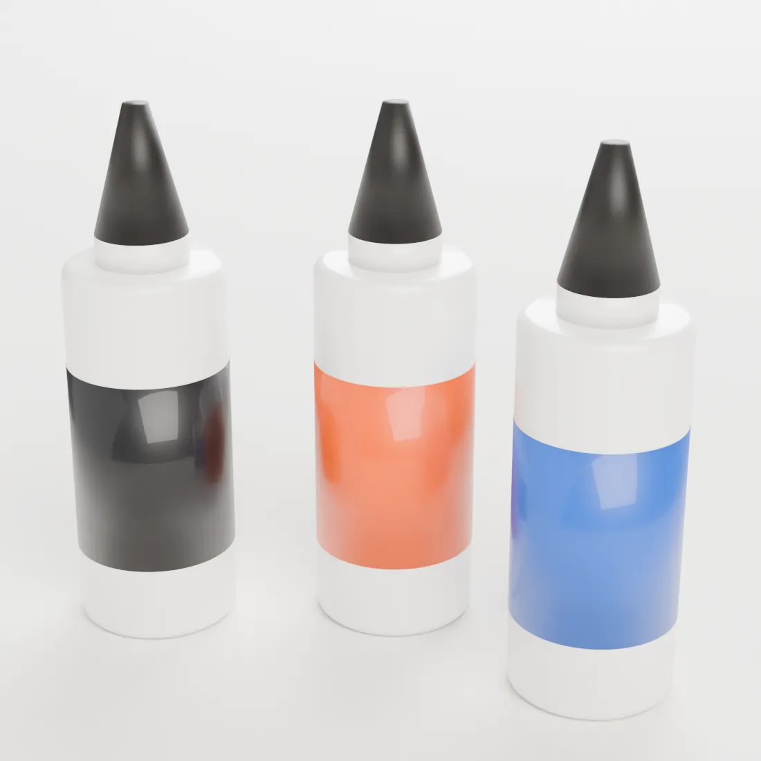 Trois flacons d'encre à tampon à embout verseur, noir, orange et bleu