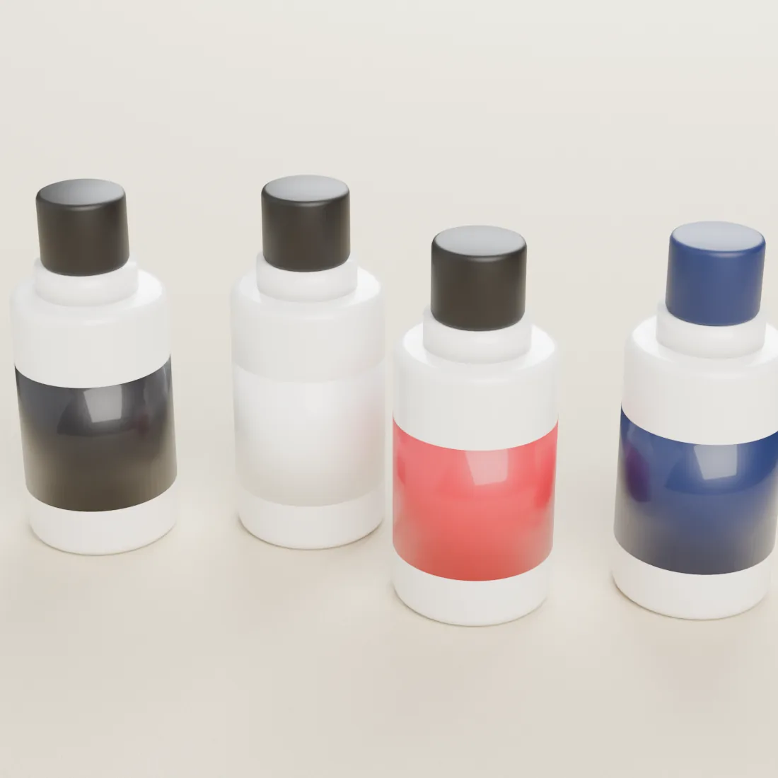 Quatre flacons d'encre textile : noir, blanc, rouge et bleu marine